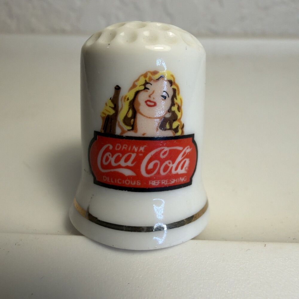 Vintage Drink Coca-Cola Sewing Thimble Gold Rim Blonde Woman with Coke